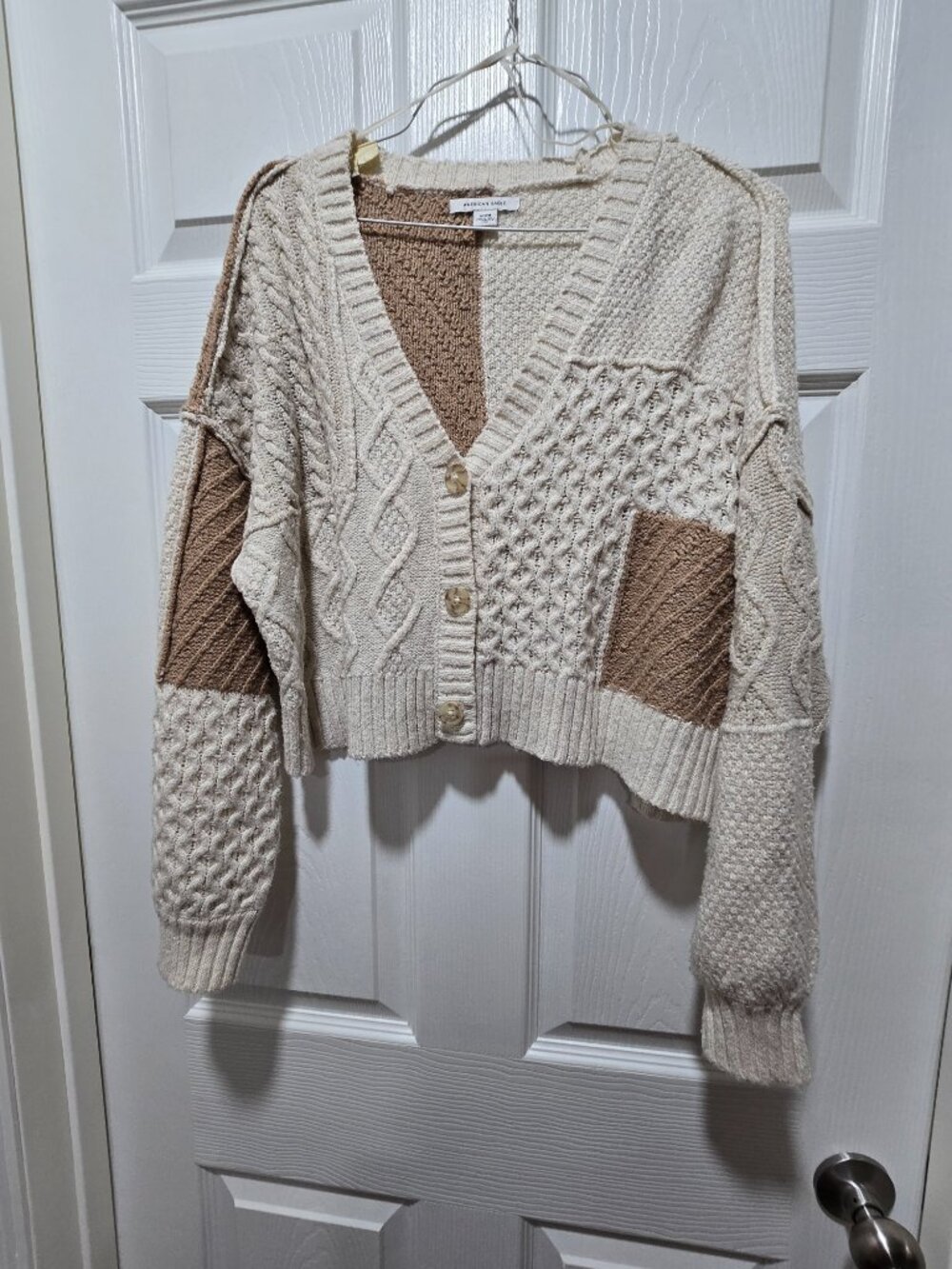 American Eagle Womens Crop Sweater Patchwork LS Button Up Medium